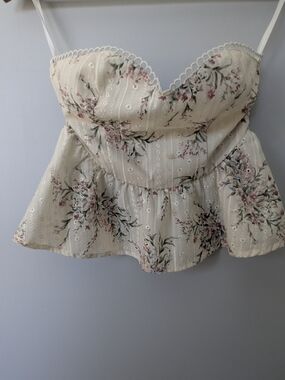 Floral Eyelet Peplum Cami Top — Cream with Pink Blooms